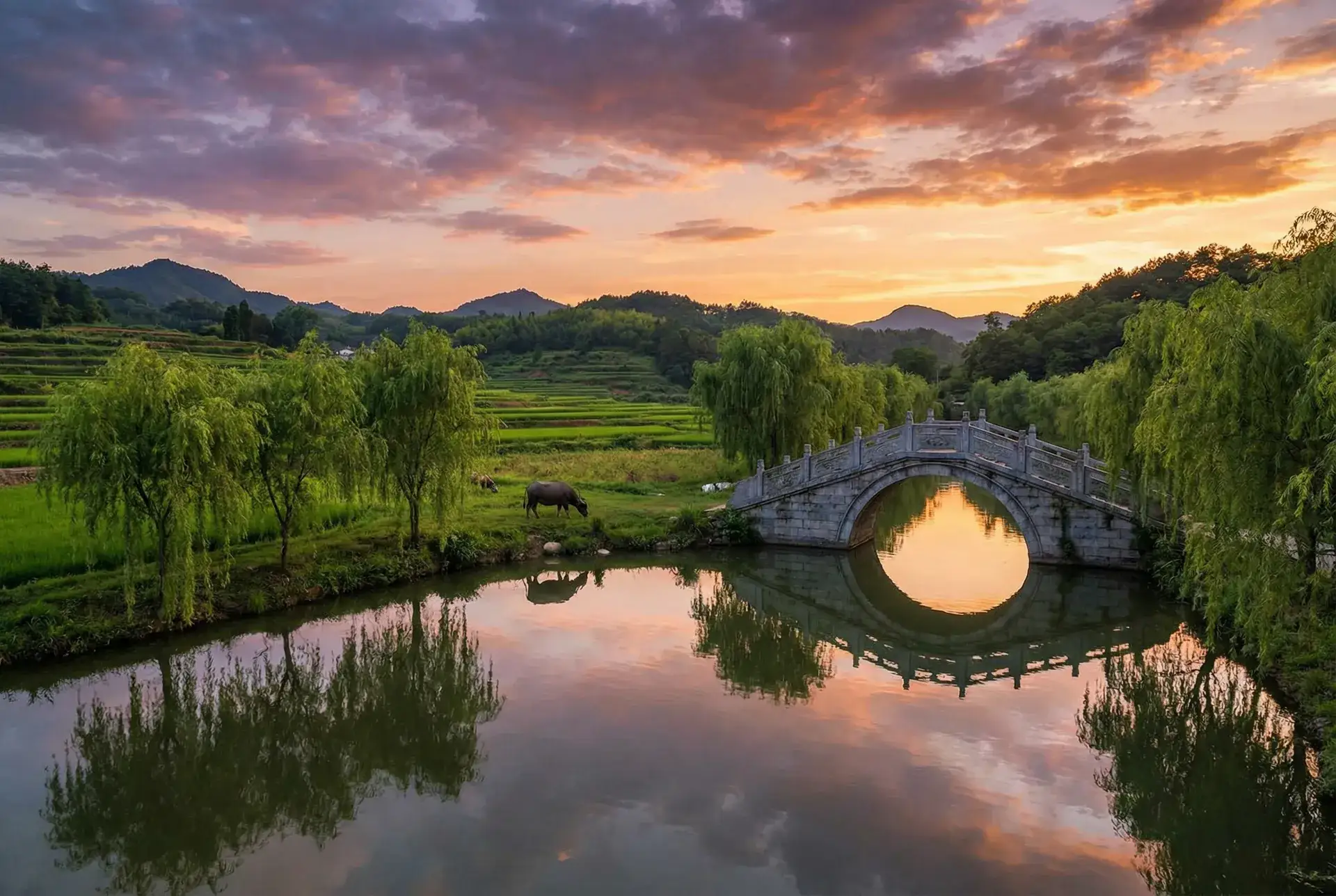 夕阳下的石拱桥与垂柳，水牛在河边吃草 - 2021海角社区最新地址 乡村美景
